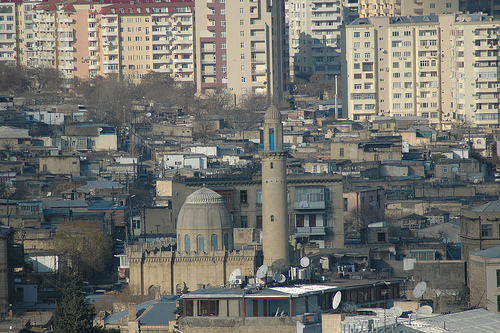 A mosque in Baku, Azerbaijan on the coast of the Caspian Sea.